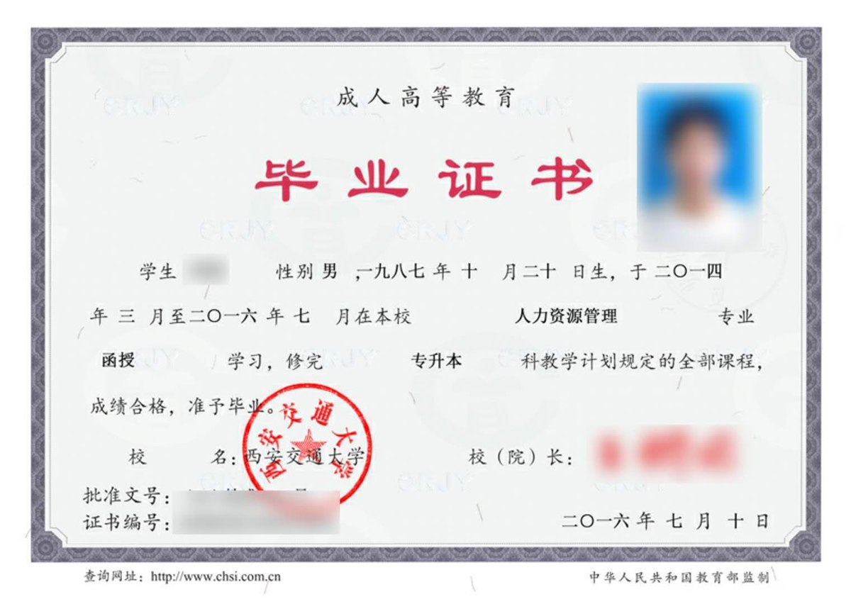 成人高等教育毕业证书样本（资料图）