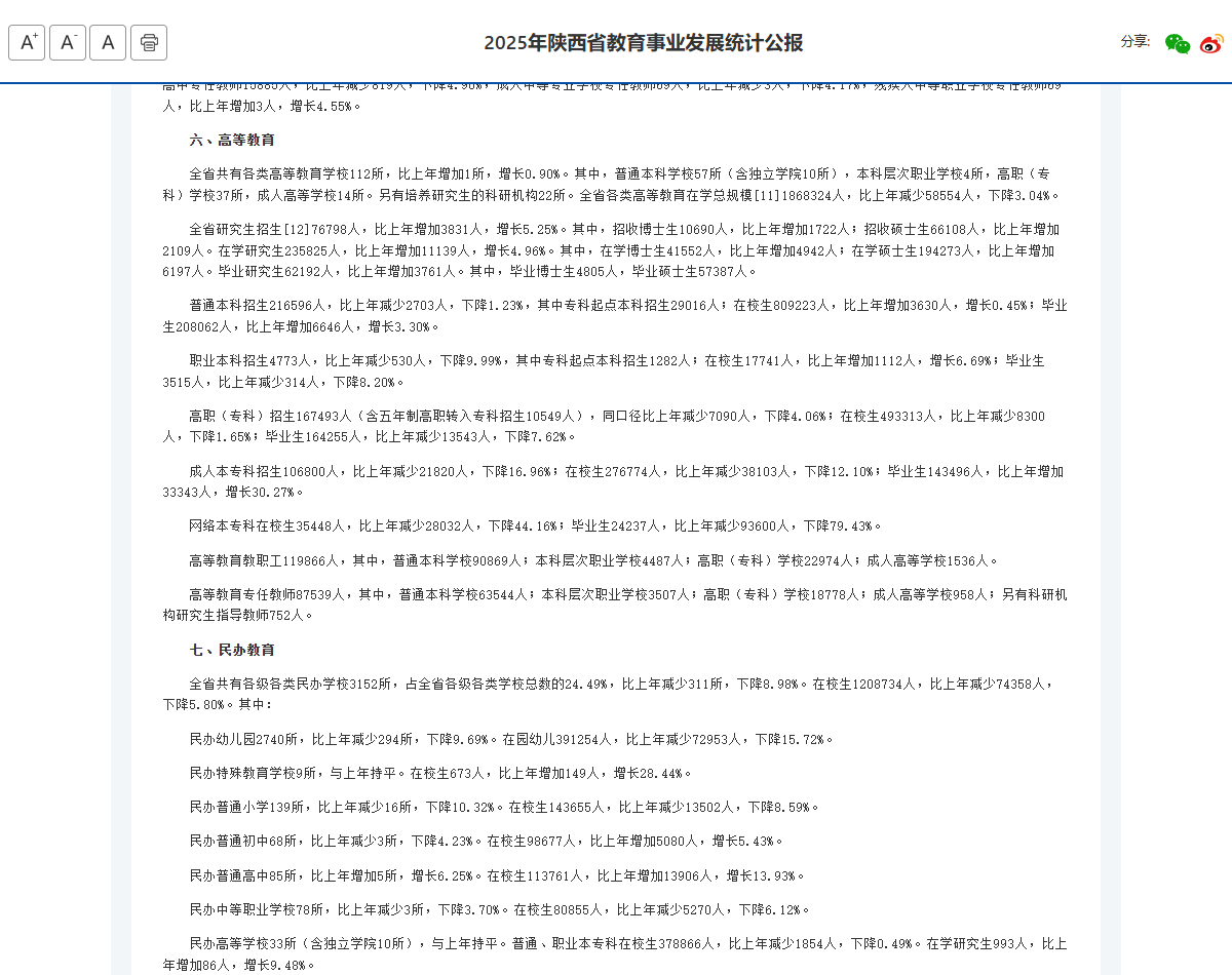 统计公报高等学校结构数据（陕西省教育厅官网截图）