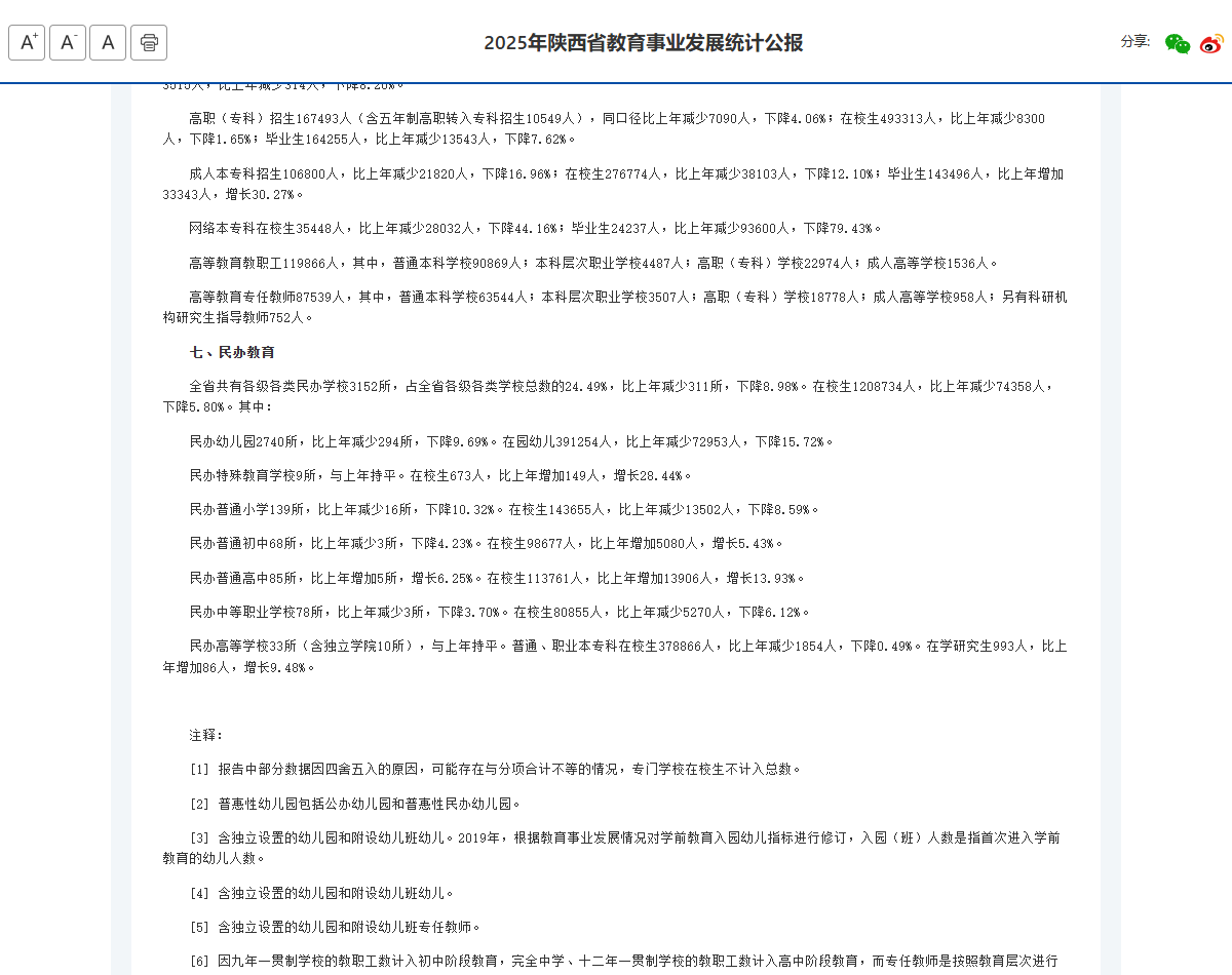 统计公报成人本专科数据（陕西省教育厅官网截图）