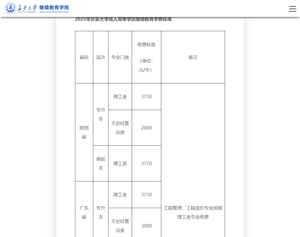 长安大学2026年招生简章收费标准（官网截图）