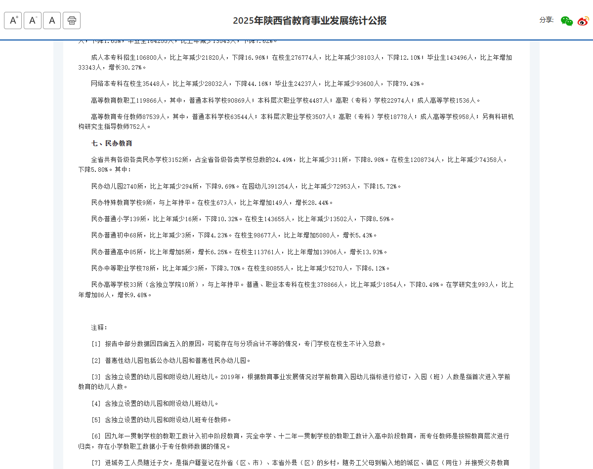 统计公报网络本专科数据（陕西省教育厅官网截图）